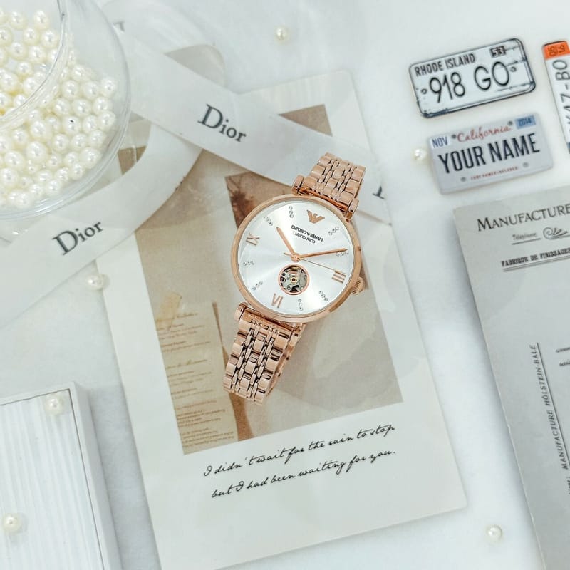 Emporio Armani Meccanico Gianni T-Bar Silver Dial Rose Gold Steel Strap Watch For Women - AR60023