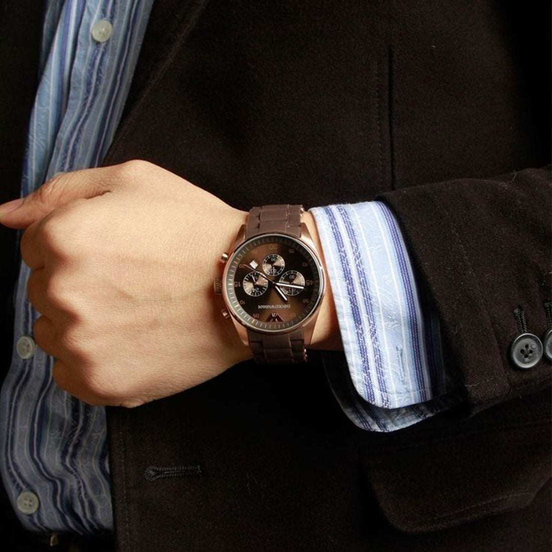 Emporio Armani Alpha Large Chronograph Brown Dial Brown Leather Strap Watch for Men - AR1793