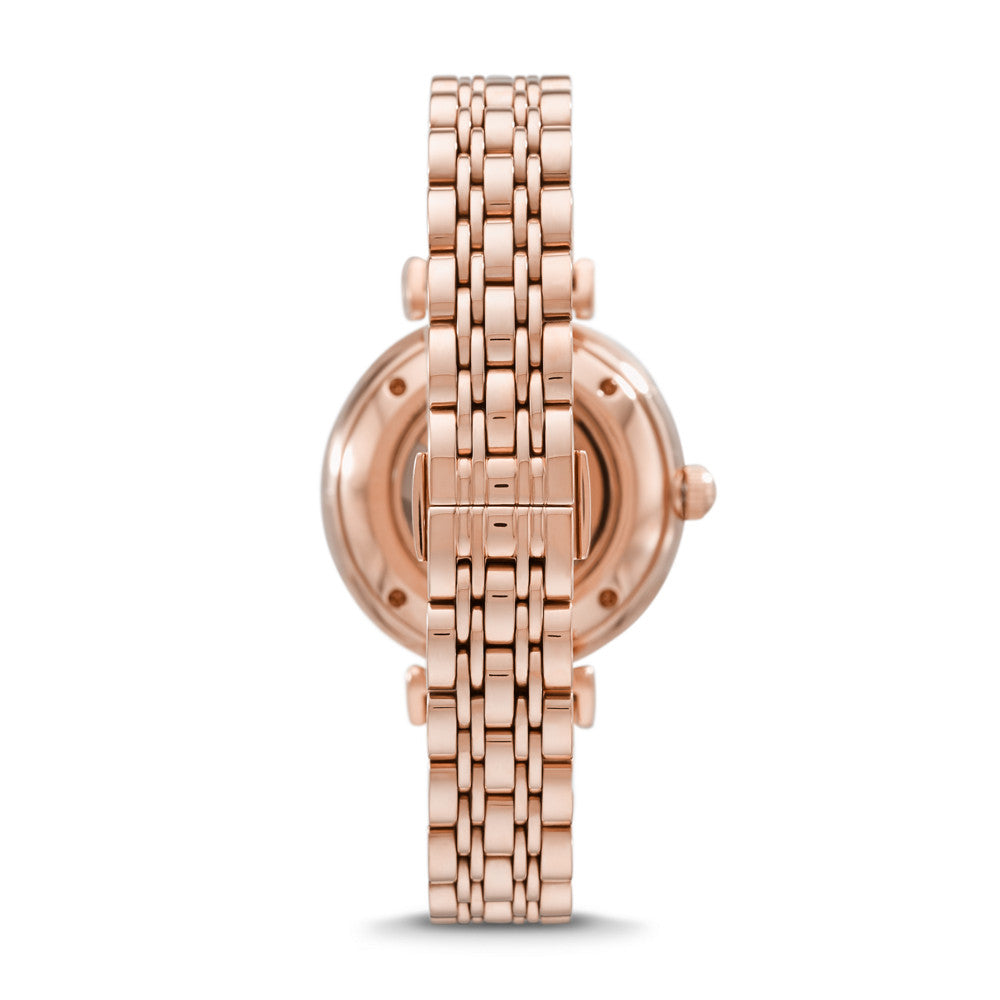 Emporio Armani Meccanico Gianni T-Bar Silver Dial Rose Gold Steel Strap Watch For Women - AR60023