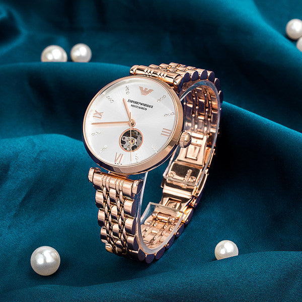 Emporio Armani Meccanico Gianni T-Bar Silver Dial Rose Gold Steel Strap Watch For Women - AR60023