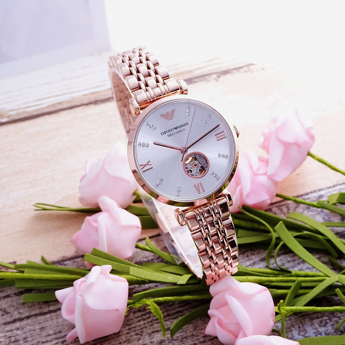 Emporio Armani Meccanico Gianni T-Bar Silver Dial Rose Gold Steel Strap Watch For Women - AR60023