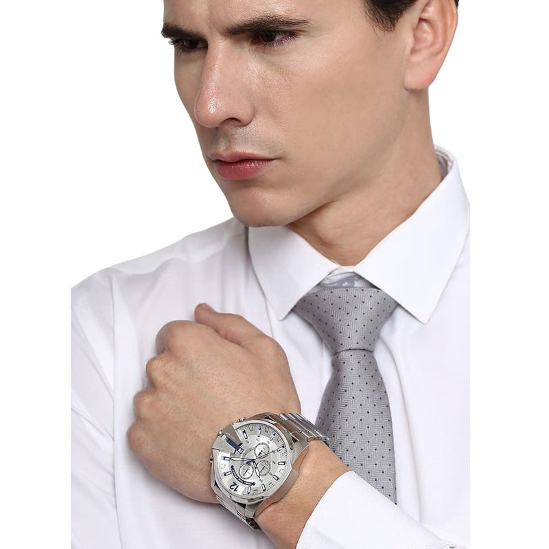 Diesel Mega Chief Chronograph White Dial Silver Steel Strap Watch For Men - DZ4477