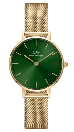 Daniel Wellington Petite Emerald Green Dial Gold Mesh Strap Watch For Women - DW00100479