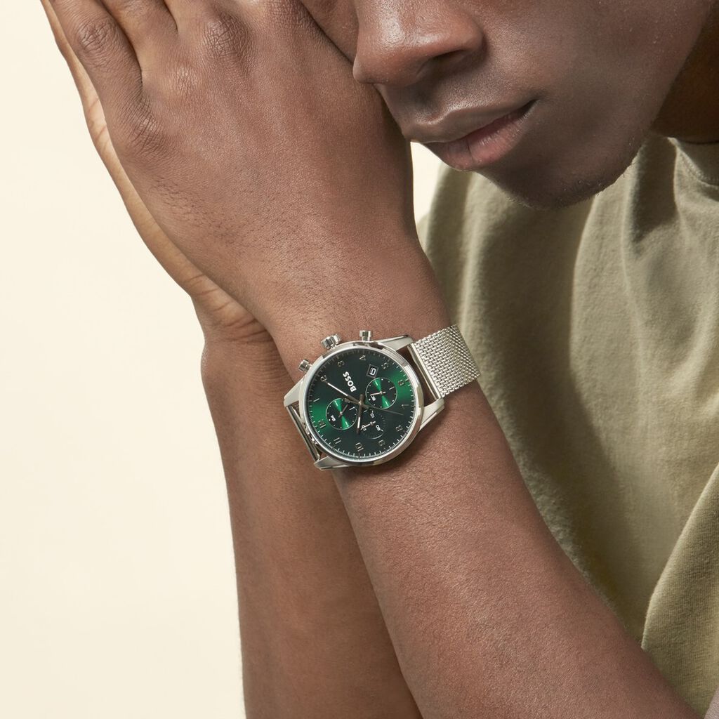 Hugo Boss Skymaster Chronograph Green Dial Silver Mesh Bracelet Watch for Men - 1513938