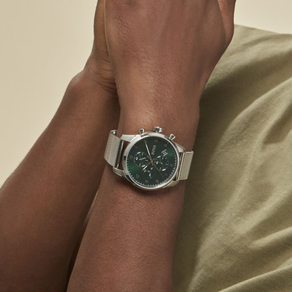 Hugo Boss Skymaster Chronograph Green Dial Silver Mesh Bracelet Watch for Men - 1513938