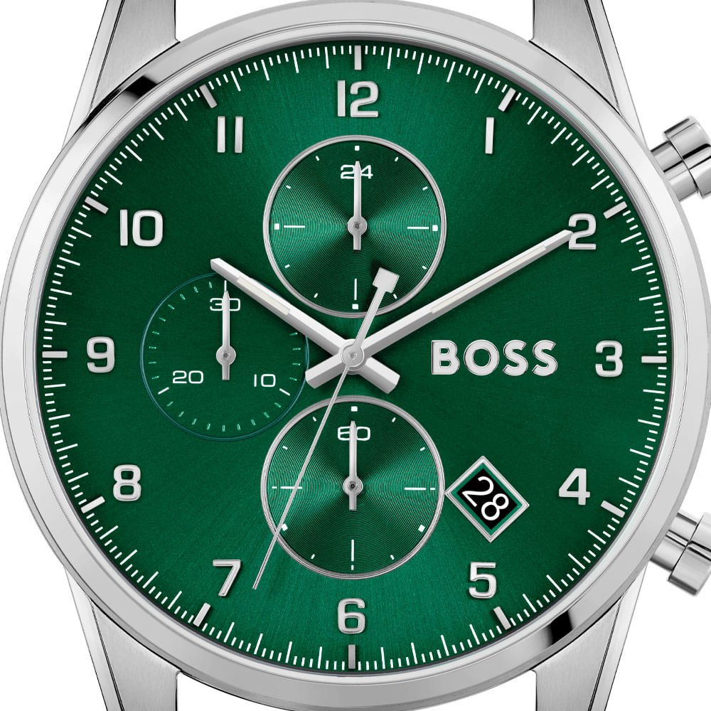Hugo Boss Skymaster Chronograph Green Dial Silver Mesh Bracelet Watch for Men - 1513938