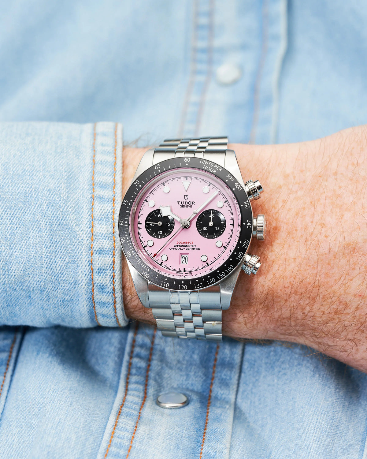 Tudor Black Bay Chrono Pink Dial Silver Steel Strap Watch for Men - M79360N-0019