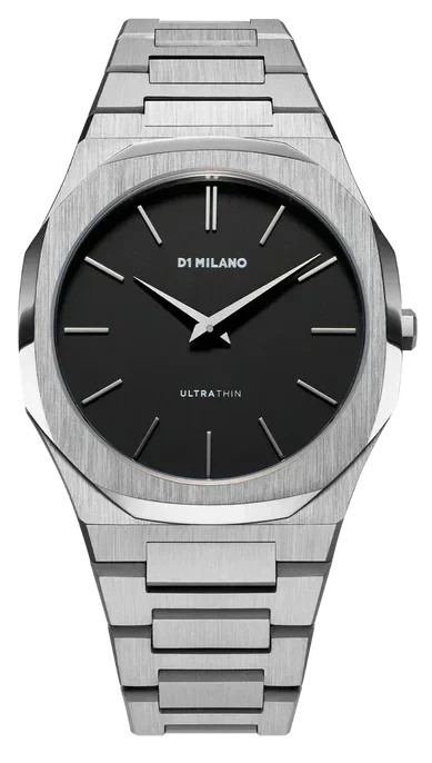 D1 Milano Ultra Thin Matte Black Dial Silver Steel Strap Watch for Men - D1-UTBJ40