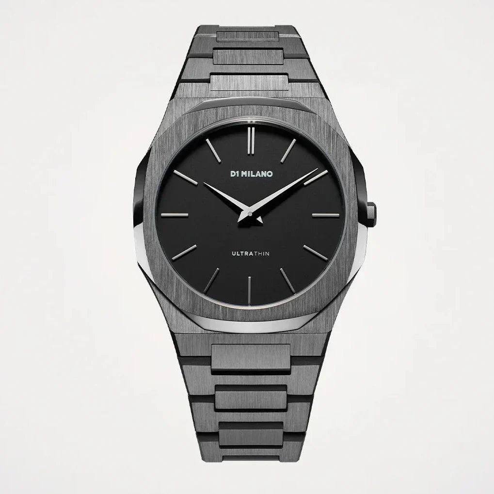 D1 Milano Ultra Thin Re-Gun Black Dial Gray Steel Strap Watch for Men - D1-UTBJ41