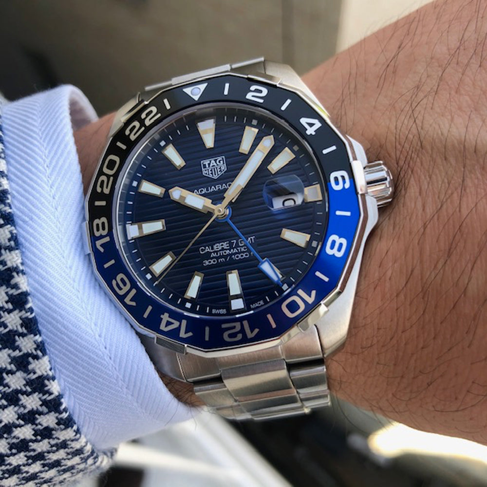 Tag Heuer Aquaracer GMT Calibre 6 Automatic Blue Dial Silver Steel Strap Watch for Men - WAY201T.BA0927