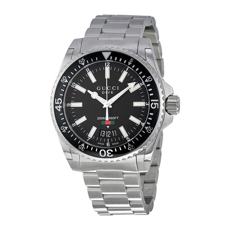 Gucci Dive Quartz Black Dial Silver Steel Strap Watch For Men - YA136301
