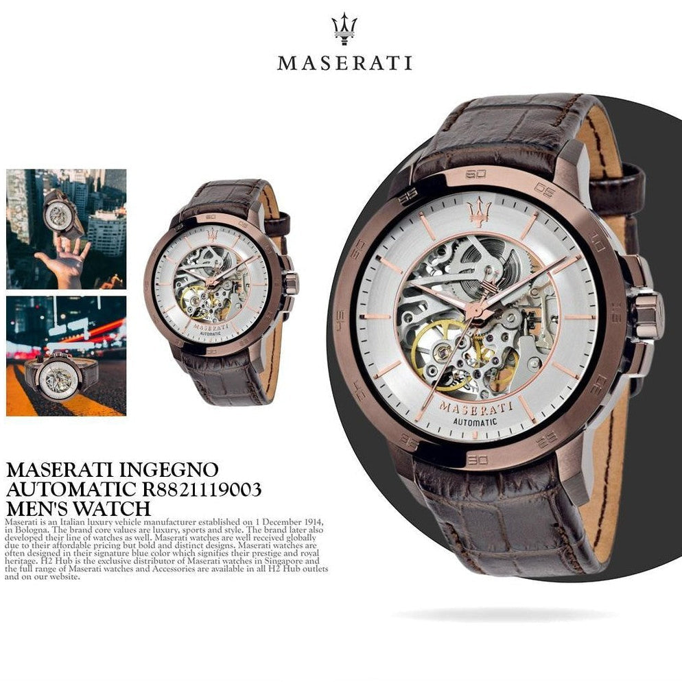 Maserati Ingegno Automatic Skeleton White Dial Brown Leather Strap Watch For Men - R8821119003
