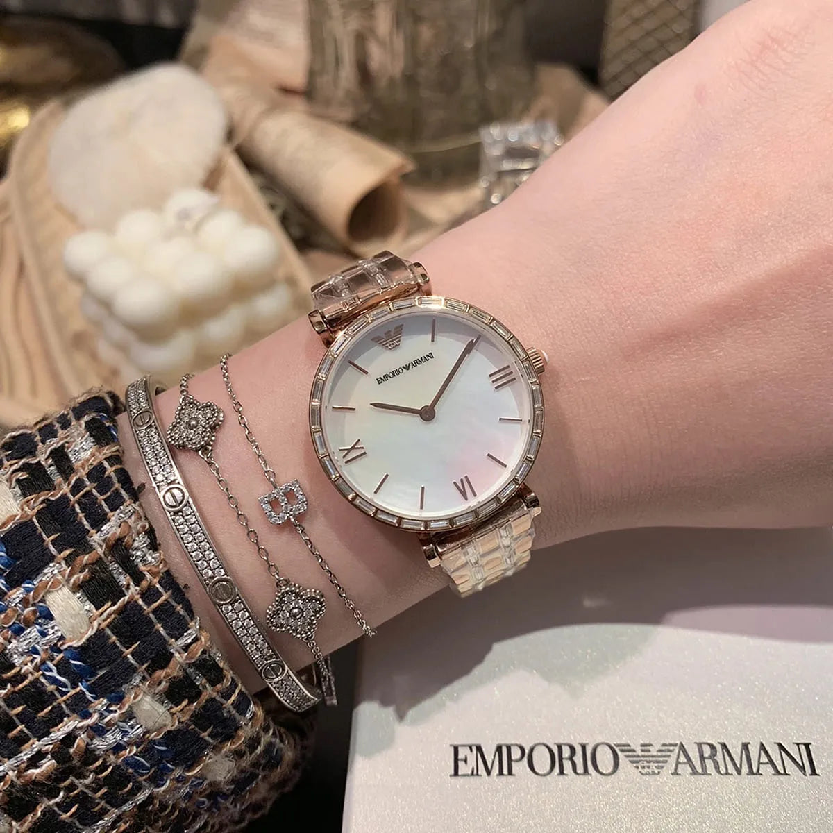 Emporio Armani Gianni T-Bar Mother of Pearl White Dial Two Tone Steel Watch for Women - AR11294