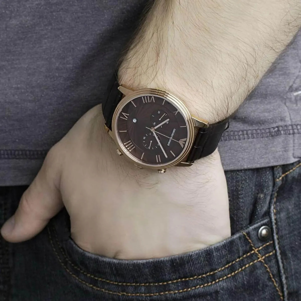 Emporio Armani Classic Large Chronograph Brown Dial Brown Leather Strap Watch for Men - AR1616