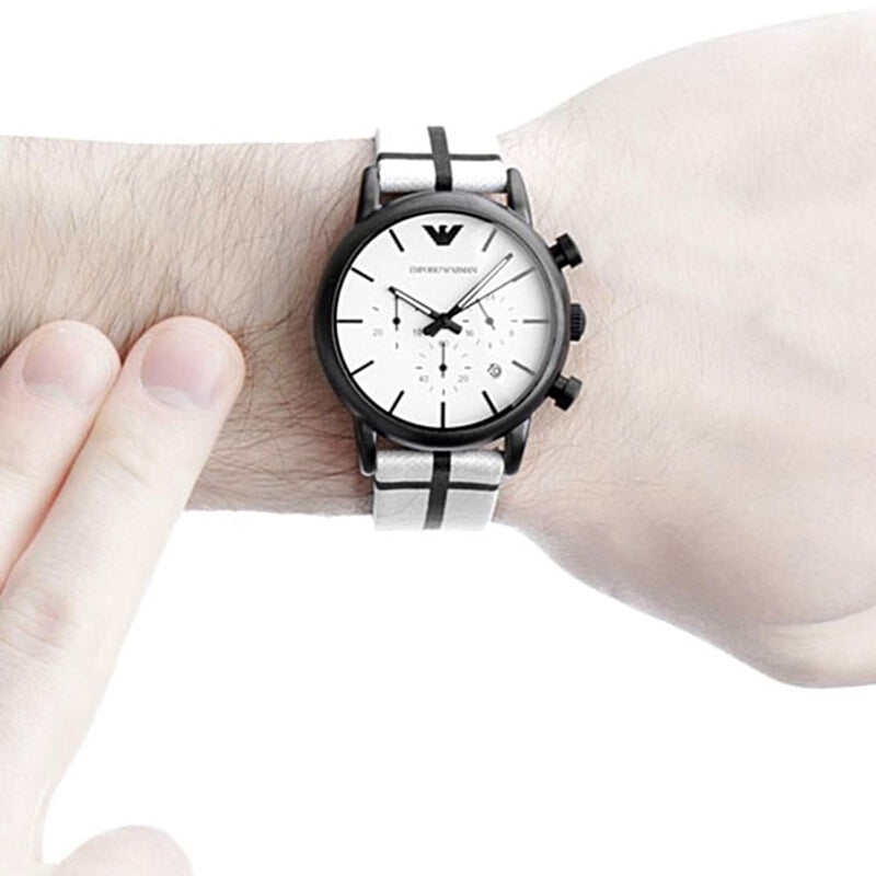 Emporio Armani Luigi Large Chronograph White Dial Two Tone Fabric Strap Watch for Men- AR1859
