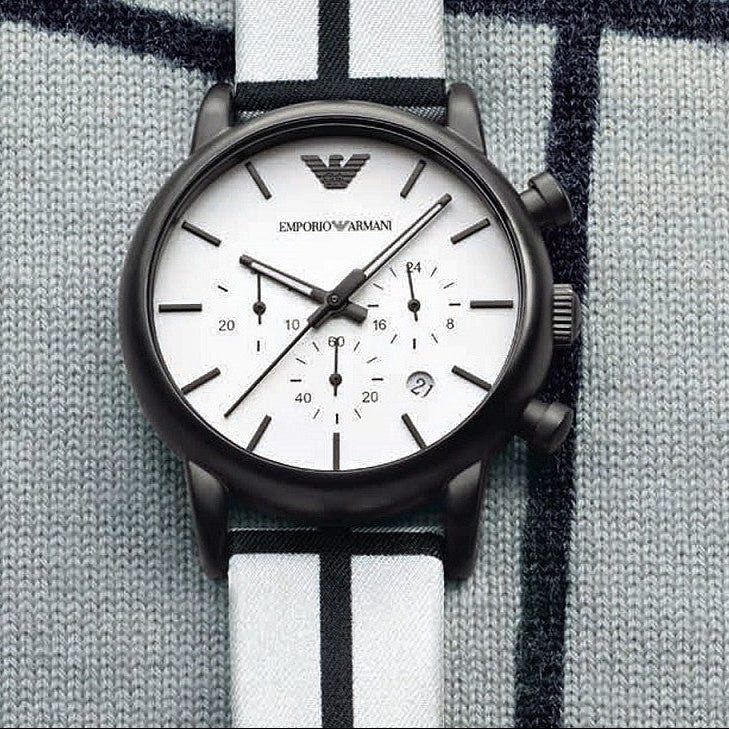 Emporio Armani Luigi Large Chronograph White Dial Two Tone Fabric Strap Watch for Men- AR1859