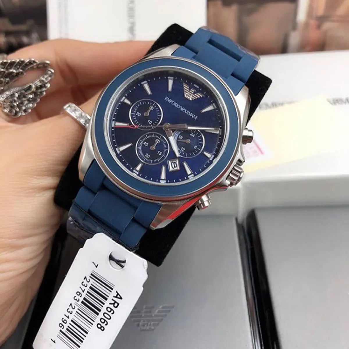 Emporio Armani Sigma Chronograph Blue Dial Blue Silicone Strap Watch for Men - AR6068