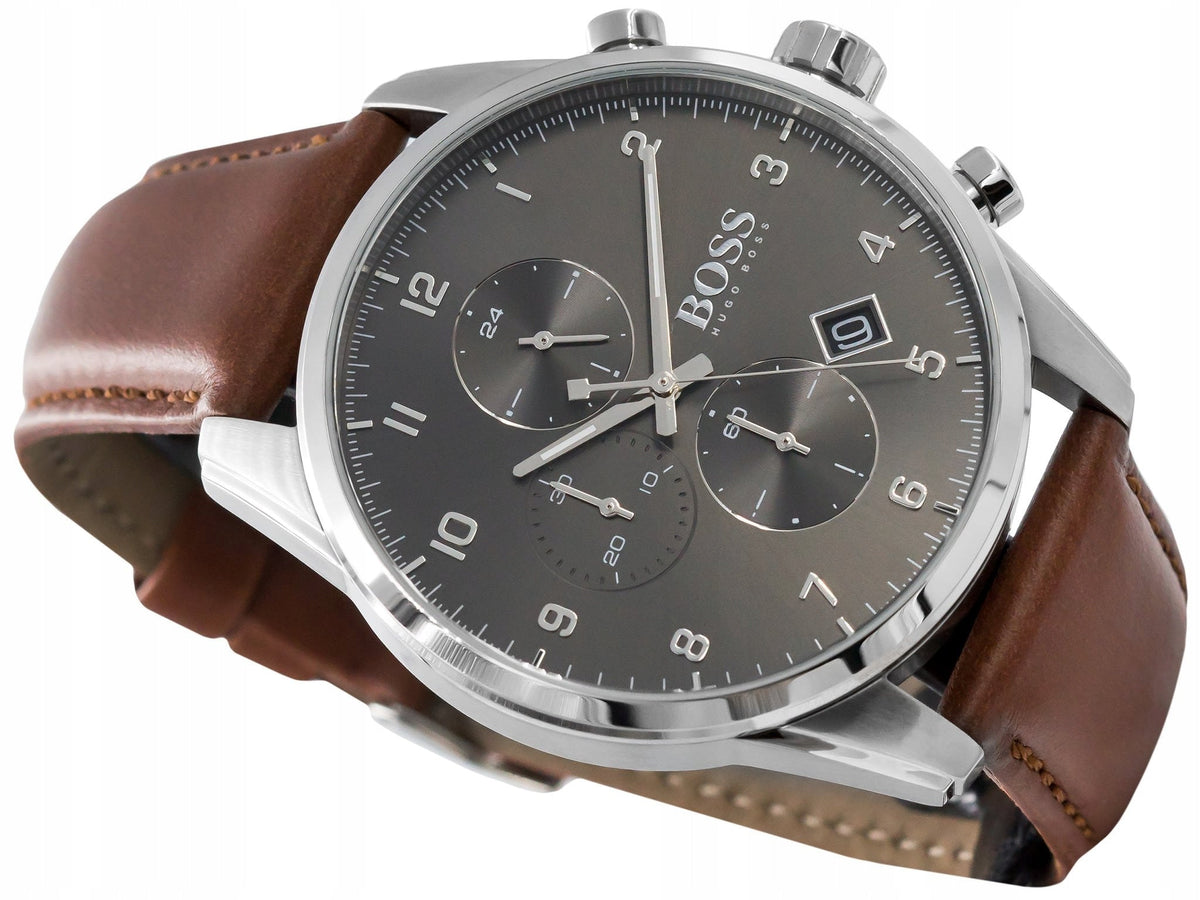 Hugo Boss Skymaster Chronograph Grey Dial Brown Leather Strap Watch for Men - 1513787