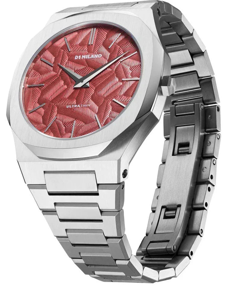 D1 Milano Ultra Thin Barn Red Dial Silver Steel Strap Watch for Men - D1-UTBJ33