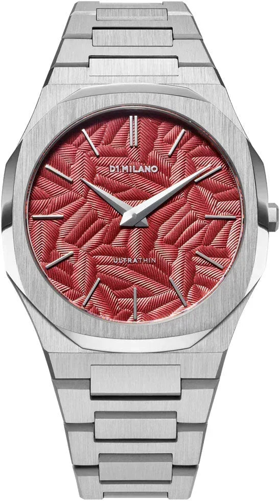 D1 Milano Ultra Thin Barn Red Dial Silver Steel Strap Watch for Men - D1-UTBJ33