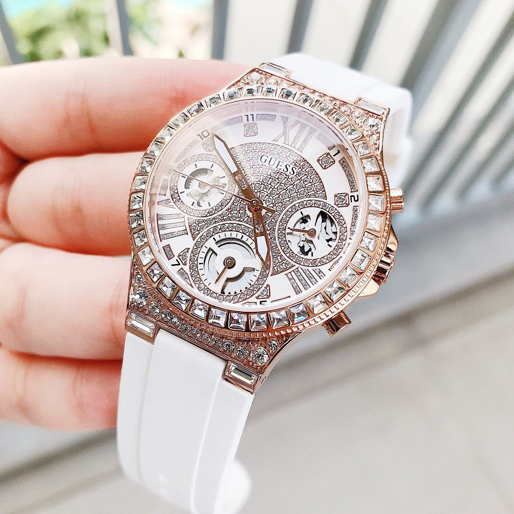 Guess Moonlight Diamonds White Dial White Rubber Strap Watch for Women - GW0257L2