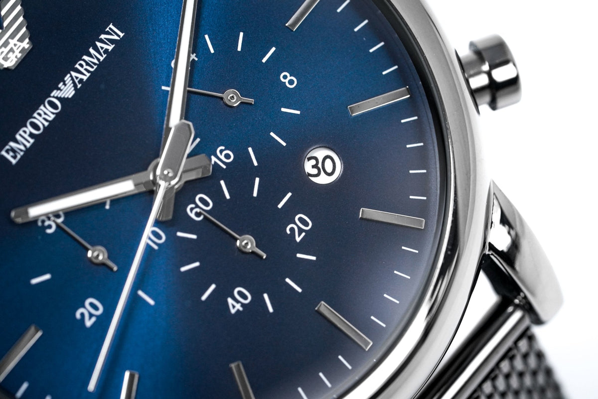 Emporio Armani Chronograph Blue Dial Gun Metallic Mesh Bracelet Watch For Men - AR1979