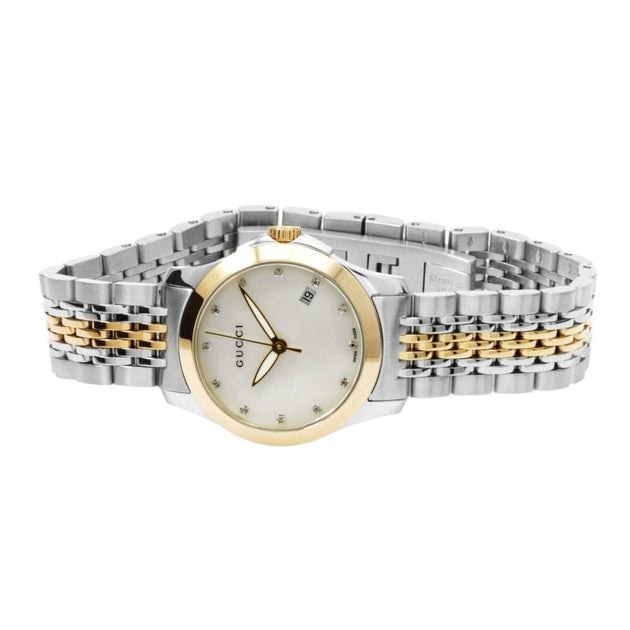 Gucci G Timeless Diamonds Mother of Pearl Dial Two Tone Mesh Bracelet Watch for Women - YA126513