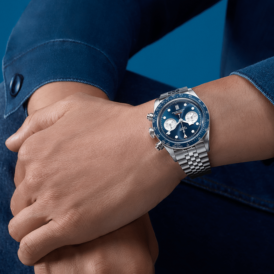 Tudor Black Bay Chrono Blue Dial Silver Steel Strap Watch for Men - M79360B-0002