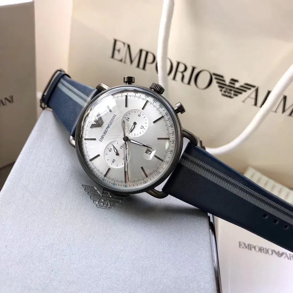 Emporio Armani Aviator Silver Dial Two Tone Leather Strap Watch for Men - AR11202