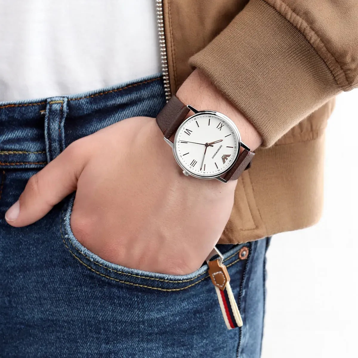 Emporio Armani Kappa Silver Dial Brown Leather Strap Watch for Men - AR11173