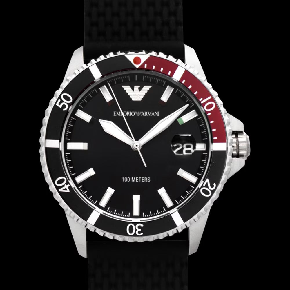 Emporio Armani Diver Black Dial Black Silicon Strap Watch for Men - AR11341