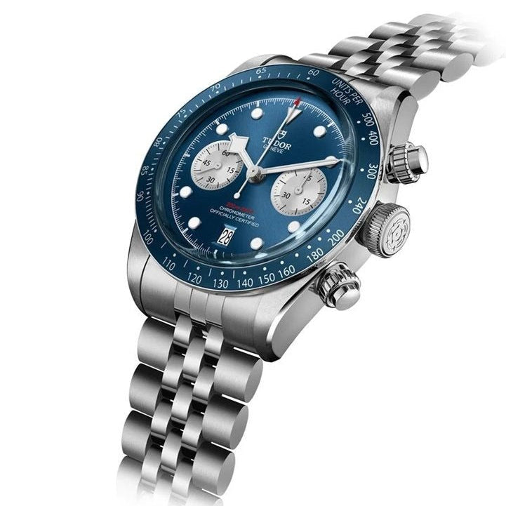 Tudor Black Bay Chrono Blue Dial Silver Steel Strap Watch for Men - M79360B-0002
