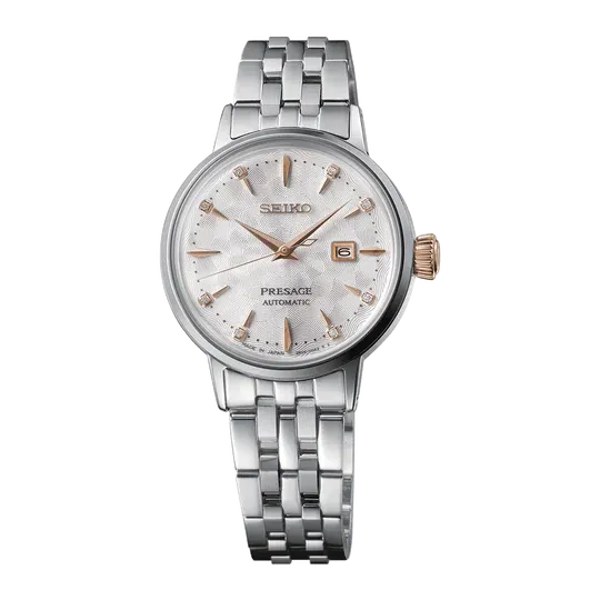 Seiko Presage Cocktail Time Skydiving Automatic Diamonds Mother of Pearl Dial Silver Steel Strap Watch for Women - SRE009J1
