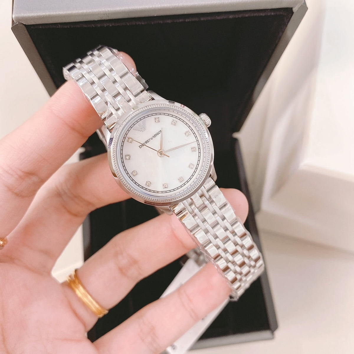 Emporio Armani Alpha Mother of Pearl Dial Silver Steel Strap Watch for Women - AR1803