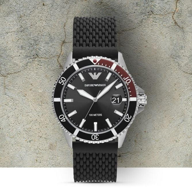 Emporio Armani Diver Black Dial Black Silicon Strap Watch for Men - AR11341