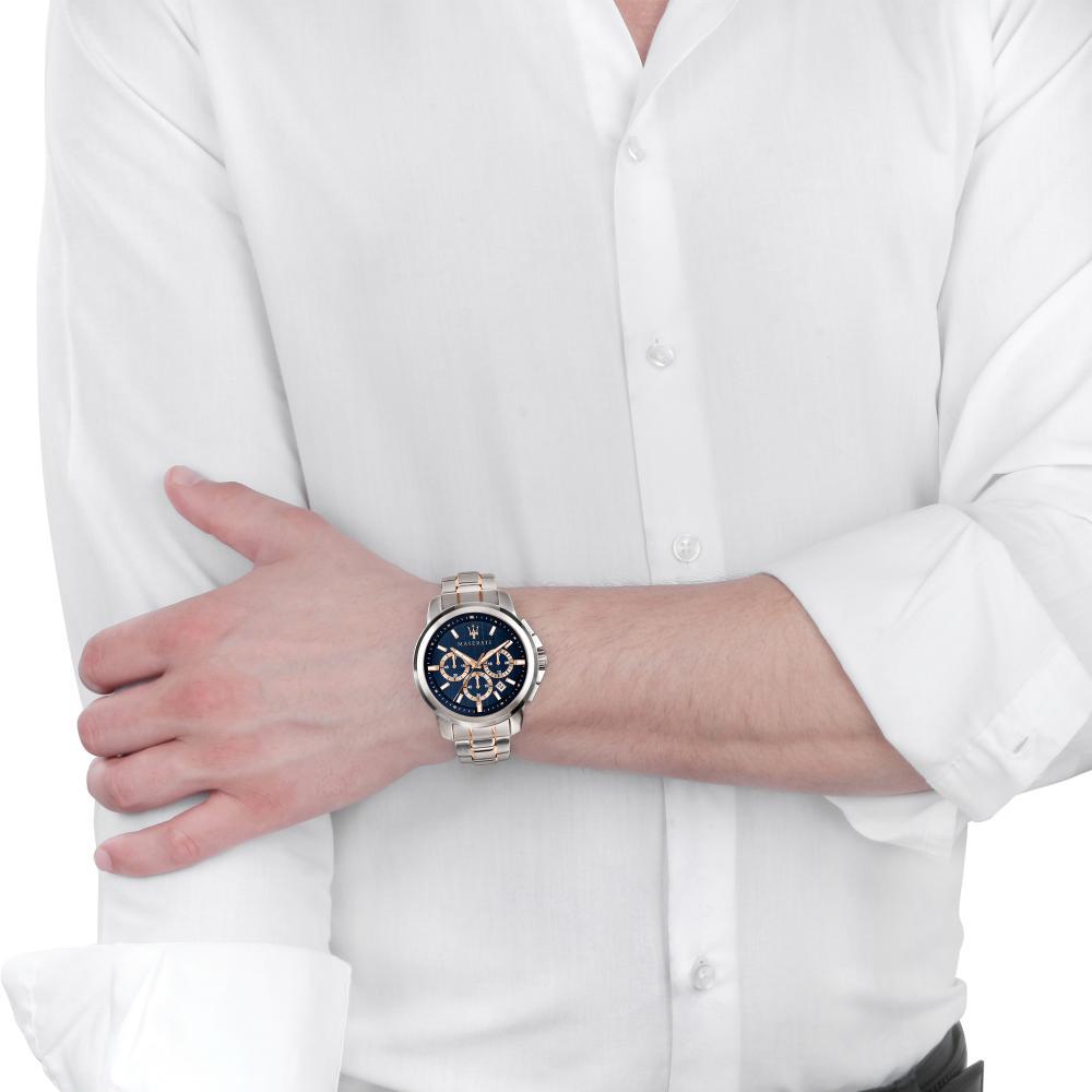 Maserati Successo Chronograph Blue Dial Two Tone Steel Strap Watch For Men - R8873621008