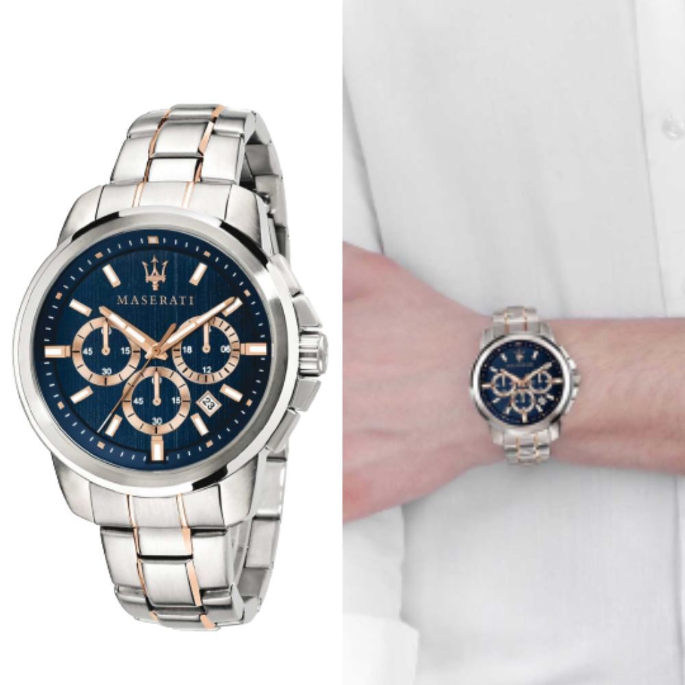 Maserati Successo Chronograph Blue Dial Two Tone Steel Strap Watch For Men - R8873621008
