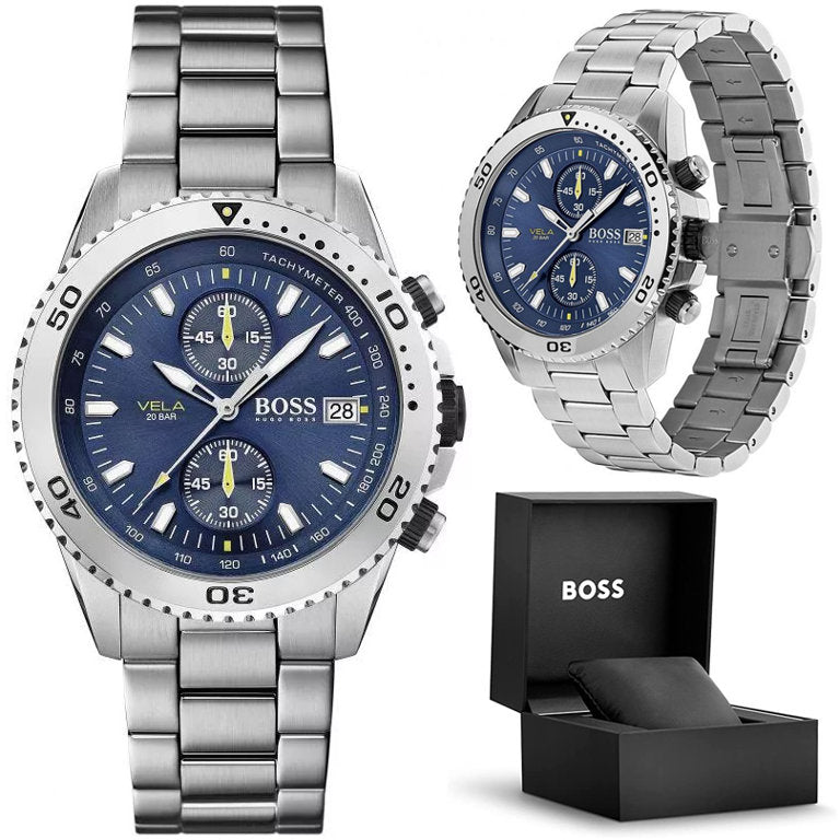 Hugo Boss Vela Diver Chronograph Blue Dial Silver Steel Strap Watch for Men - 1513775