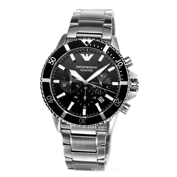 Emporio Armani Diver Chronograph Black Dial Silver Steel Strap Watch For Men - AR11360