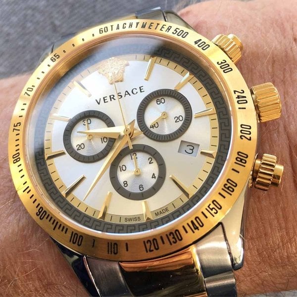 Versace Classic Chronograph Quartz Silver Dial Two Tone Steel Strap Watch For Men - VEV700519