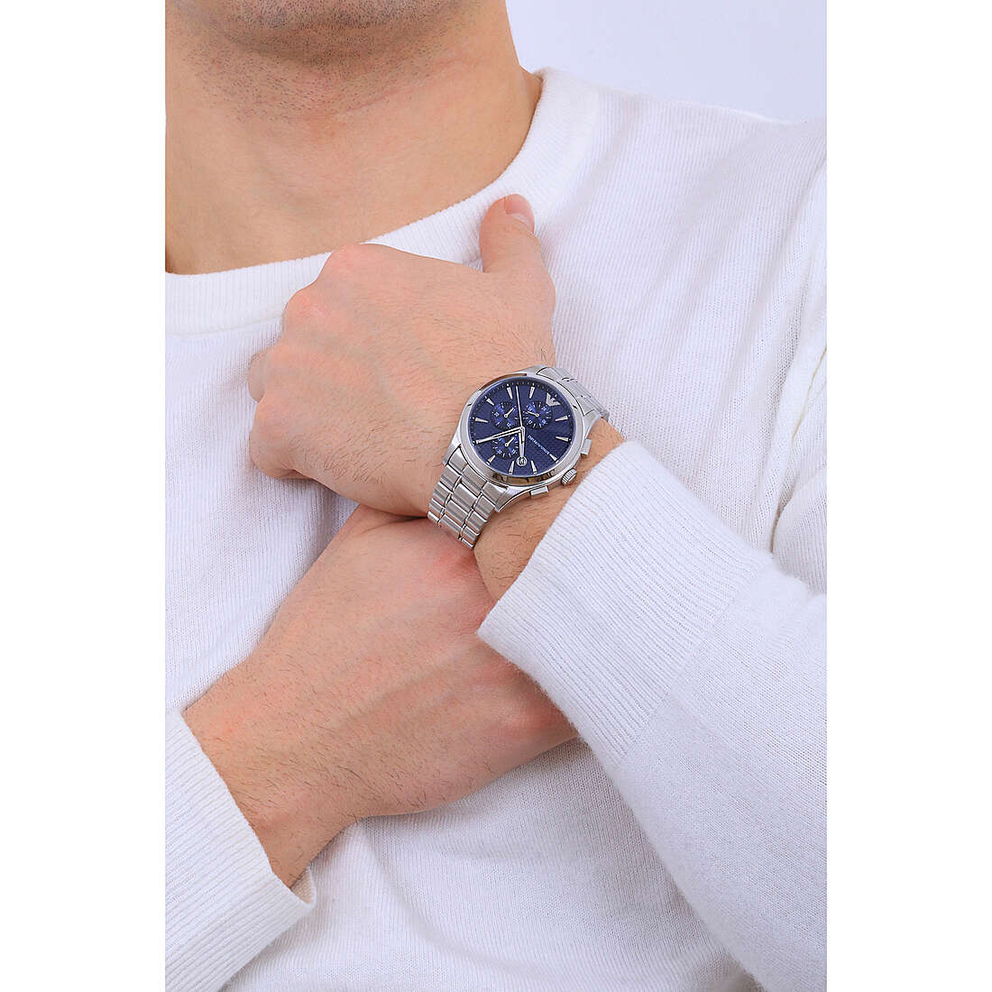 Emporio Armani Renato Chronograph Blue Dial Silver Steel Strap Watch For Men - AR11528