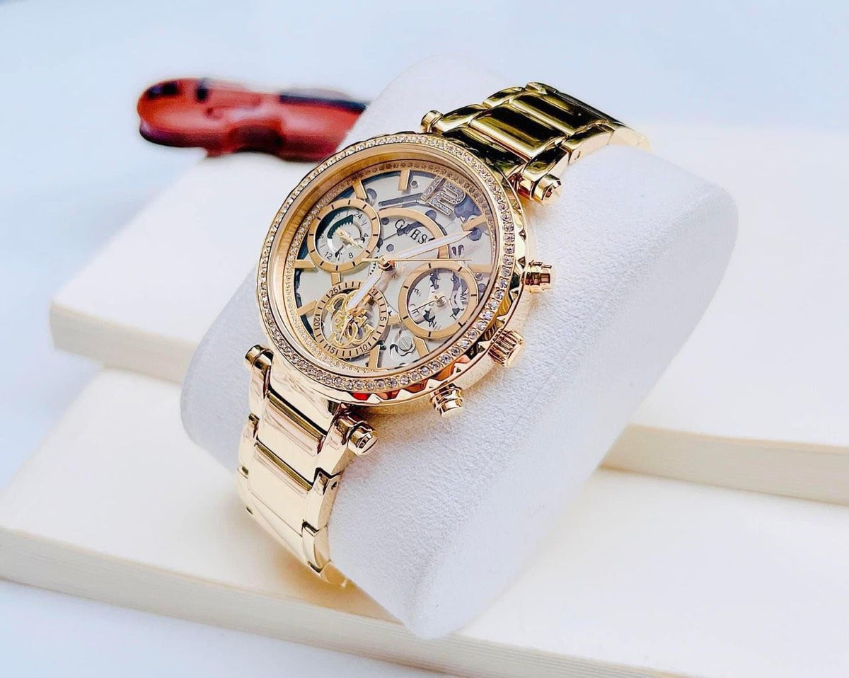 Guess Solstice Diamonds Gold Dial Gold Steel Strap Watch for Women - GW0403L2