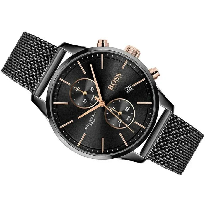 Hugo Boss Associate Chronograph Black Dial Black Mesh Bracelet Watch for Men - 1513811