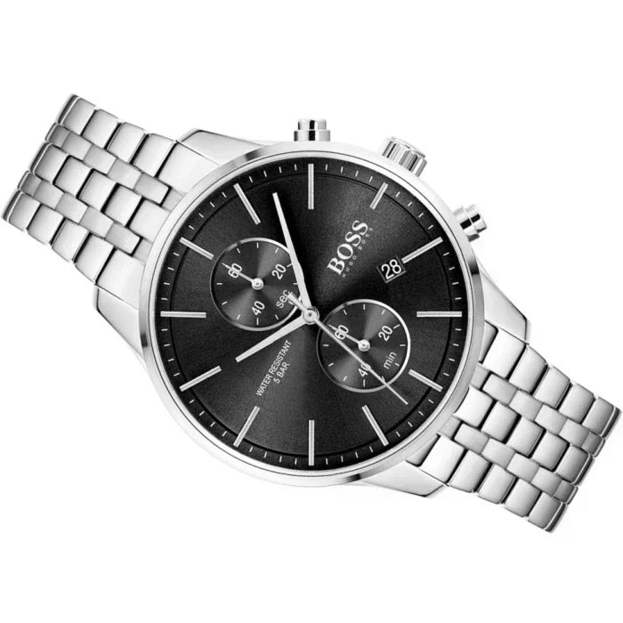 Hugo Boss Associate Chronograph Black Dial Silver Steel Strap Watch for Men - 1513869